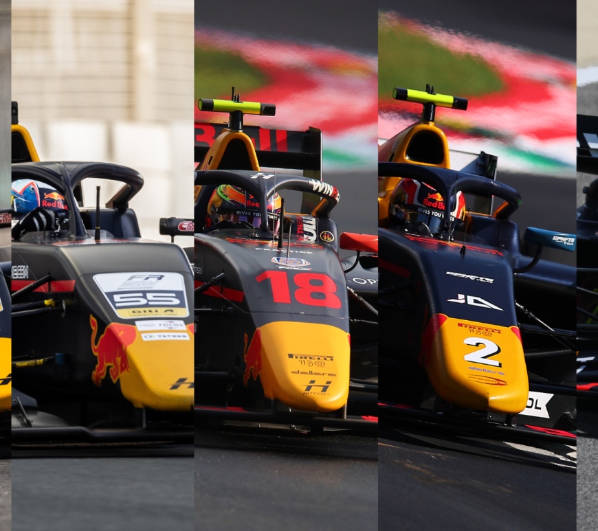 Five Red Bull cars side by side in a collage: Arvid Lindblad, Sebastián Montoya, Isack Hadjar, Jehan Daruvala, Max Verstappen