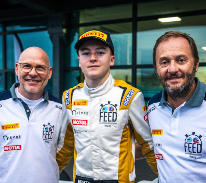 Augustin Bernier, 2023 FEED Racing winner, with Jacques Villeneuve and Patrick Lemarié